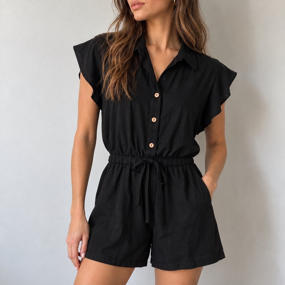 Baltic Born Black Toni Romper Button Front Linen Blend Small Minimalist Coastal